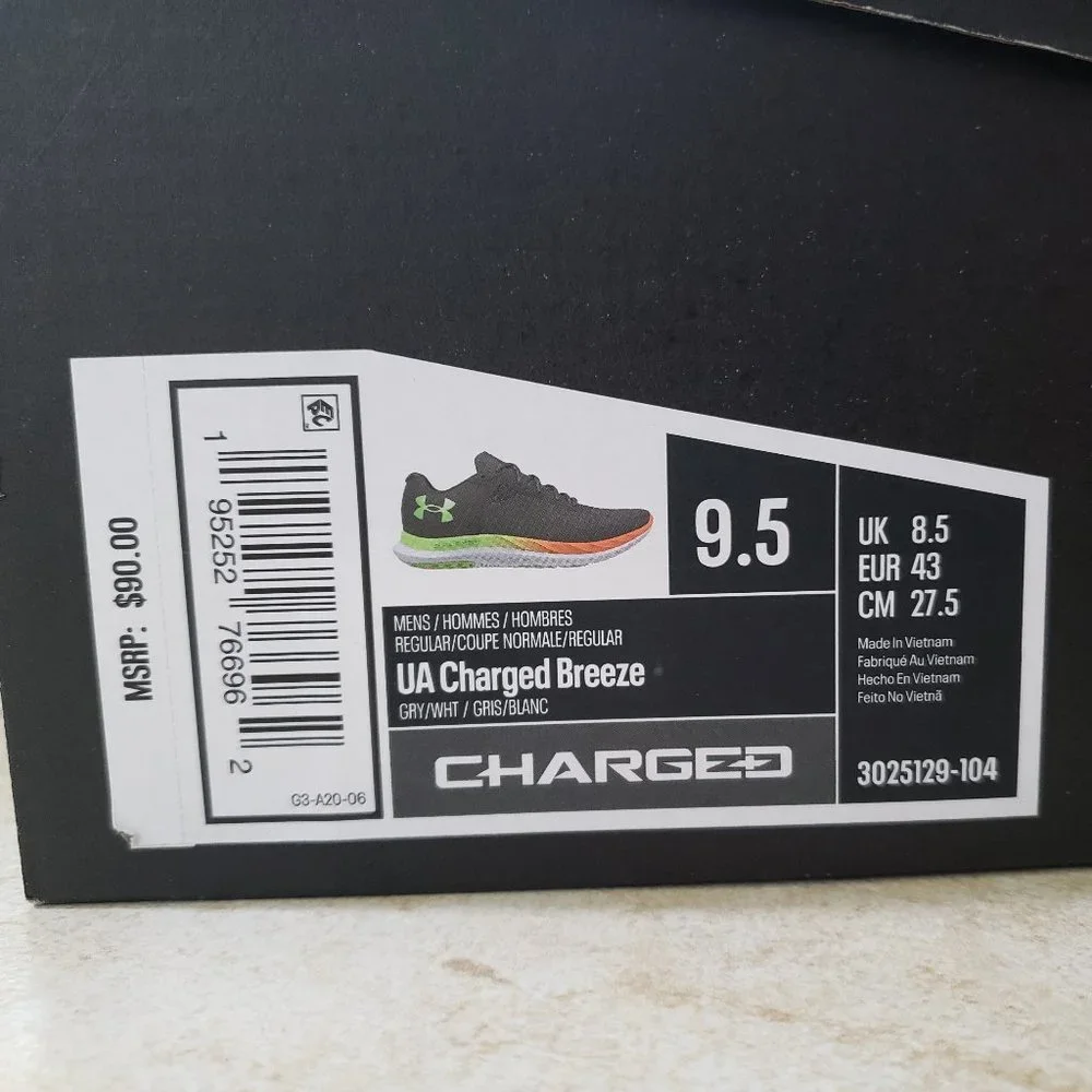 NEW Under Armour Charged Breeze Men's 3025129-104 Size 9.5 Grey/White/Green/Oran - Picture 10 of 10